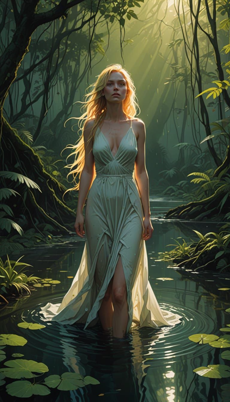 Ethereal Goddess Emerges from Dark Rainforest Pond in Cyberp...