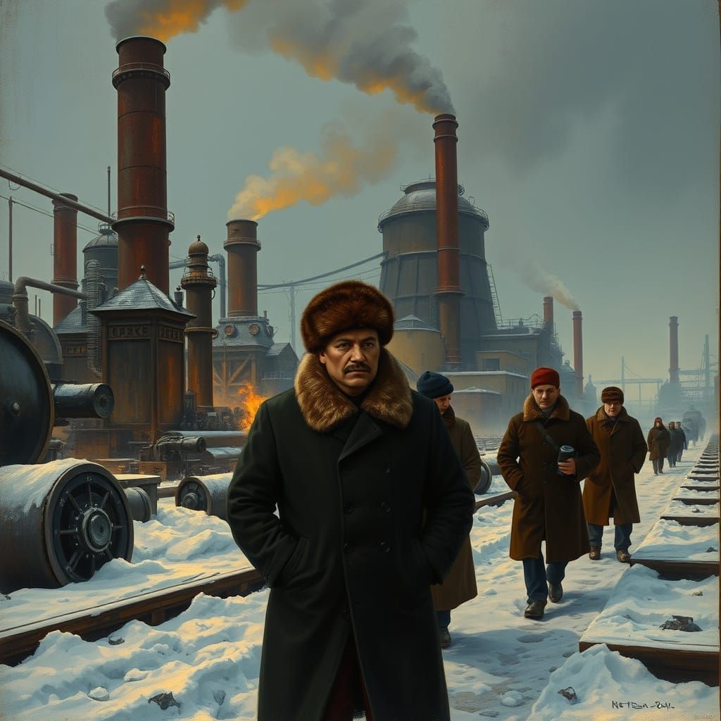 Dystopian Siberian Factory Scene in Gritty Style