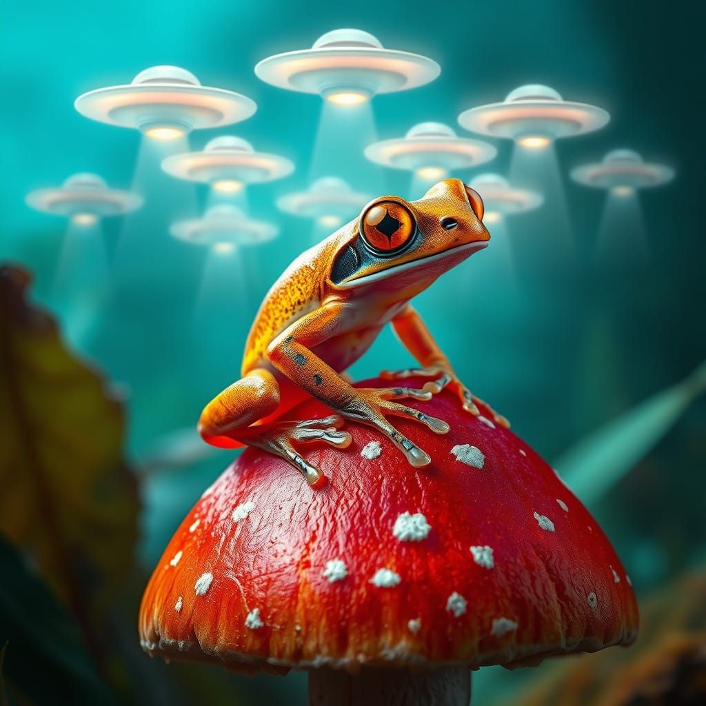 Enigmatic Frog Amidst Celestial Ballet in Hyperrealistic Det...