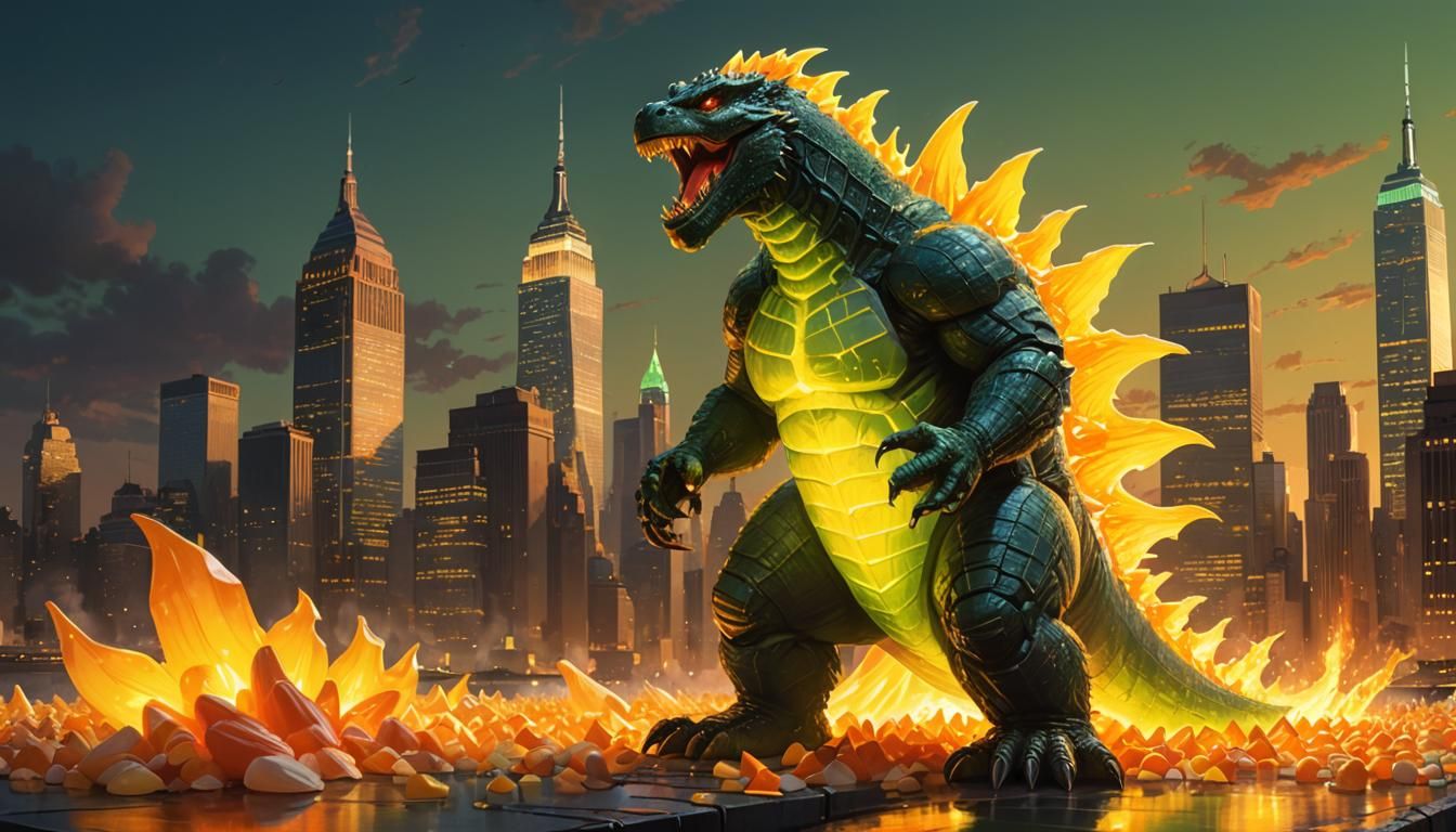 Gummy Godzilla Breaths Candy Corn Flame onto New York