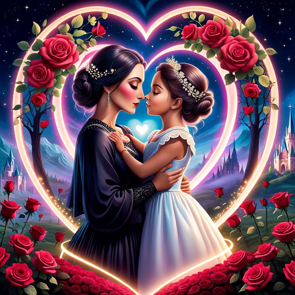 Luminous Mother and Child in Fairytale Moonscape