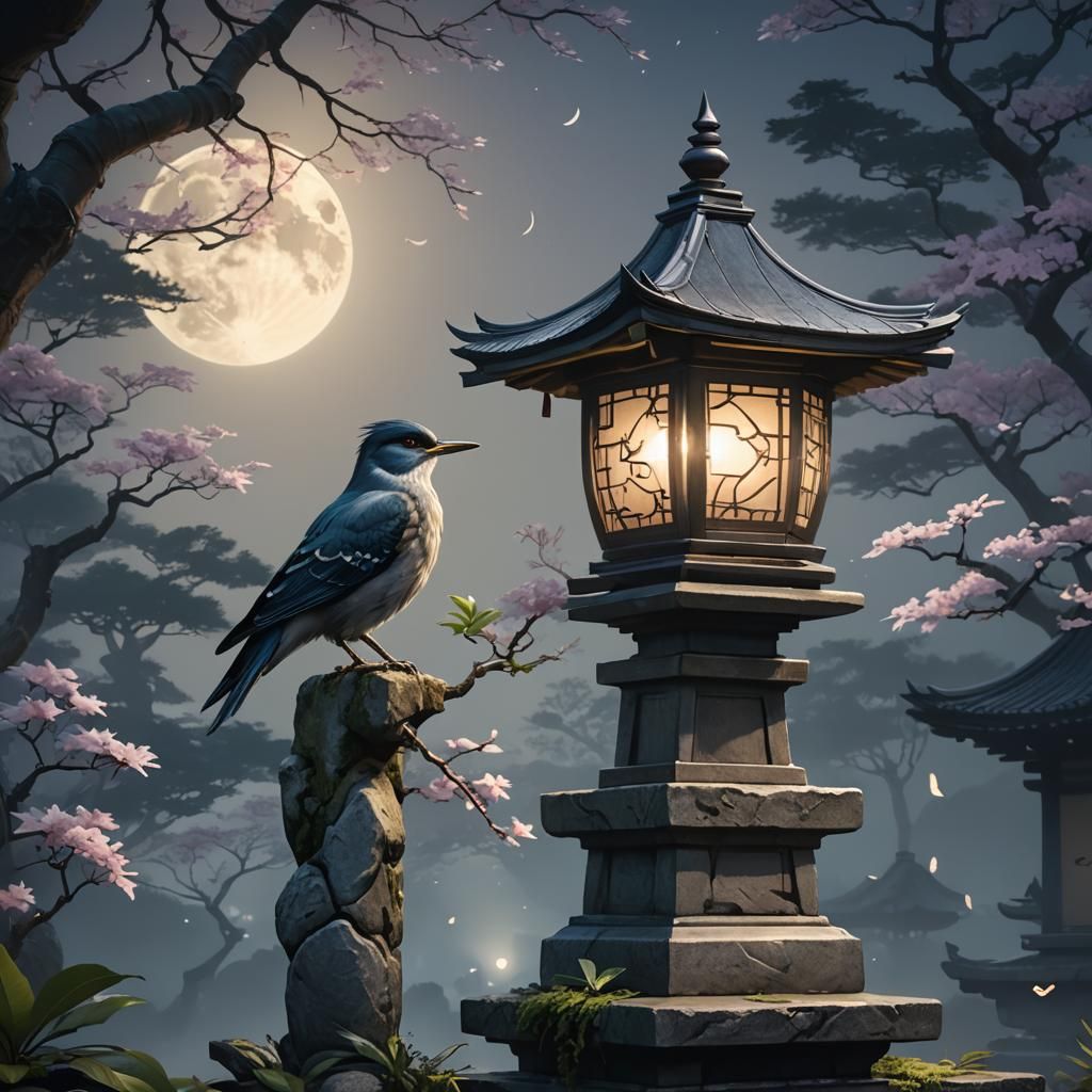 Bird Under Moon in Japanese Garden, Mystical Realism