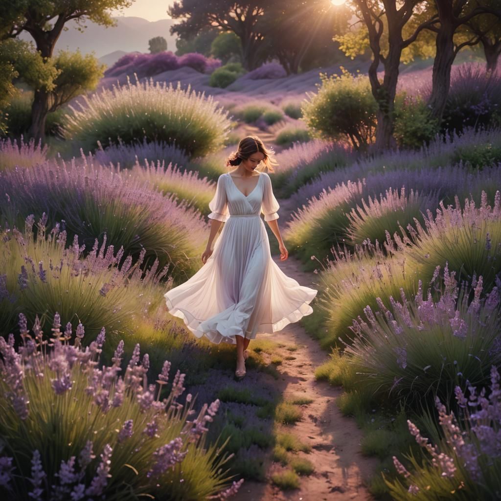 Woman in Lavender Garden at Twilight, Fantasy Art