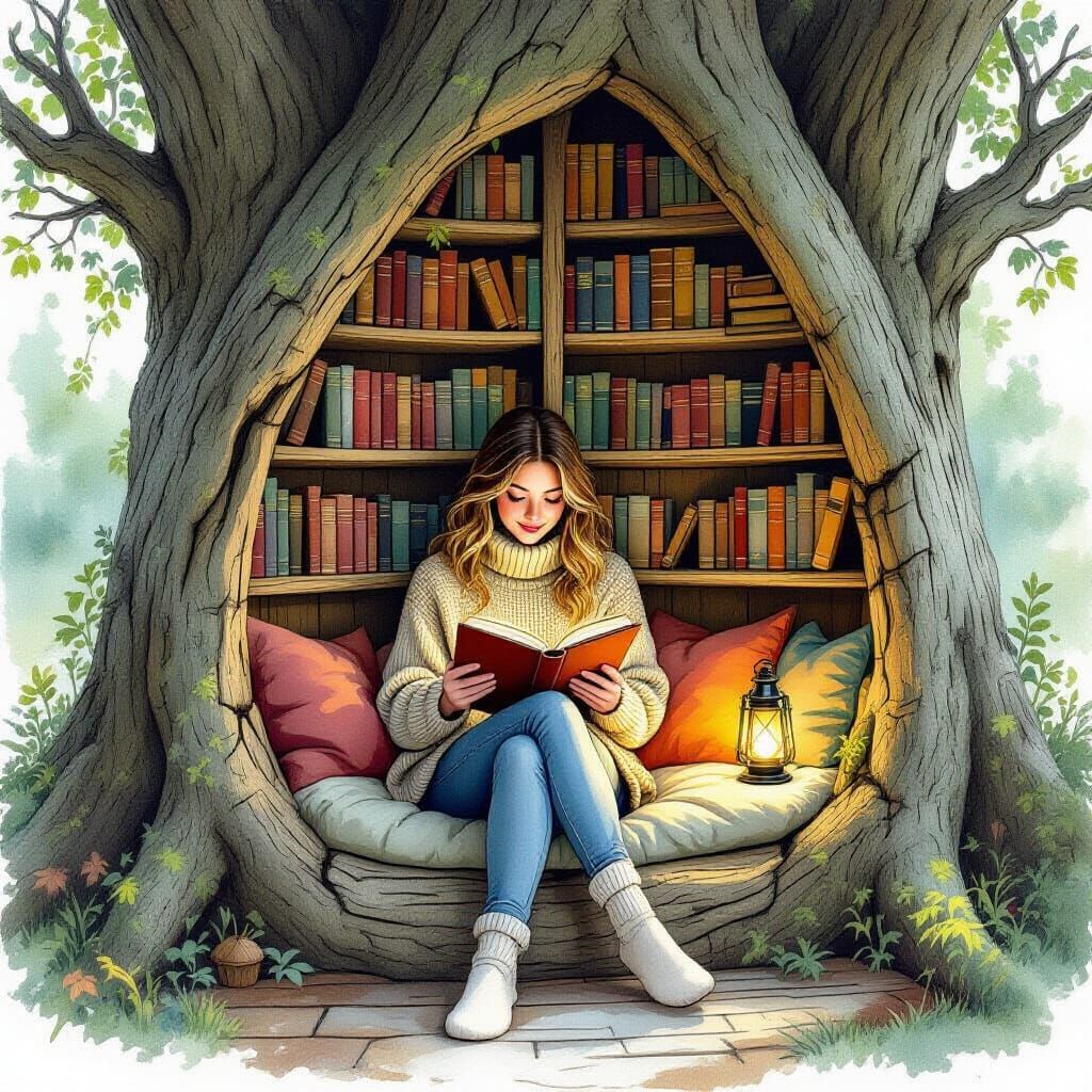 Cozy Reading Nook in Ancient Tree, Watercolor