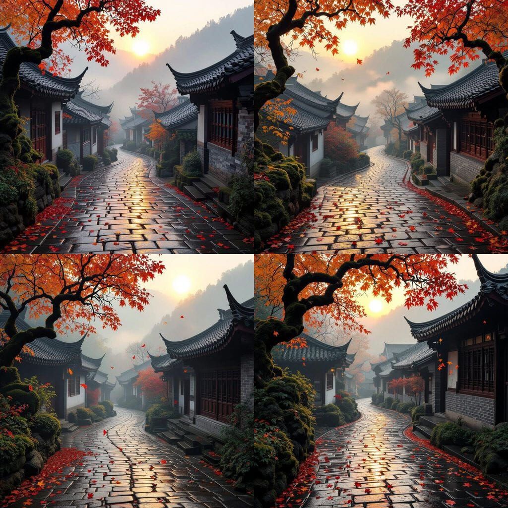 Misty Autumn Morning in Ancient Chinese Village