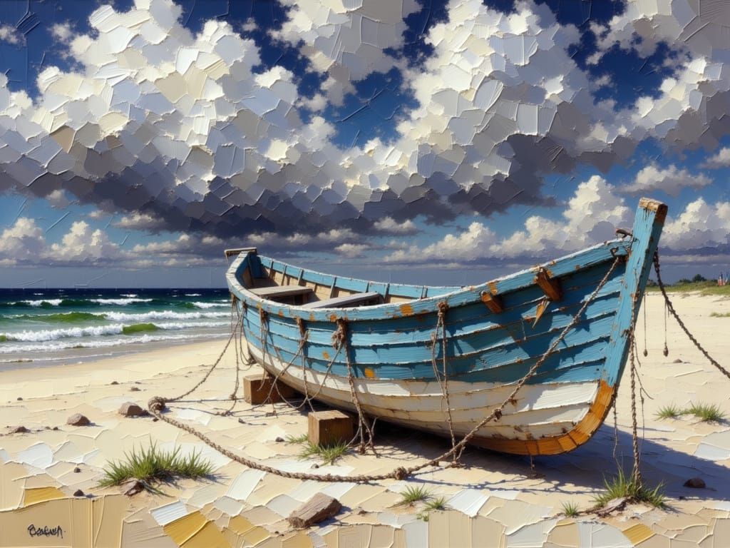 Blue Fishing Boat on Sunlit Beach as Oil Painting