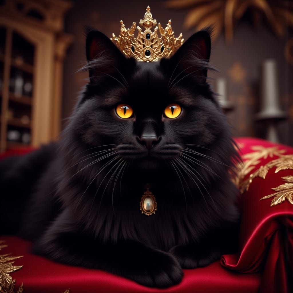 Regal Black Cat King with Jeweled Crown