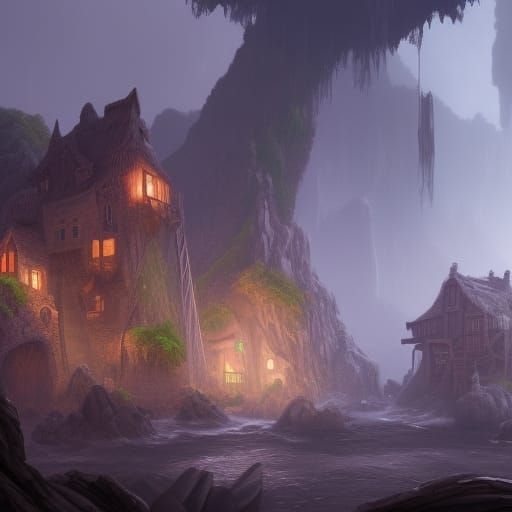 Rope Bridge Village: Detailed Fantasy Concept Art