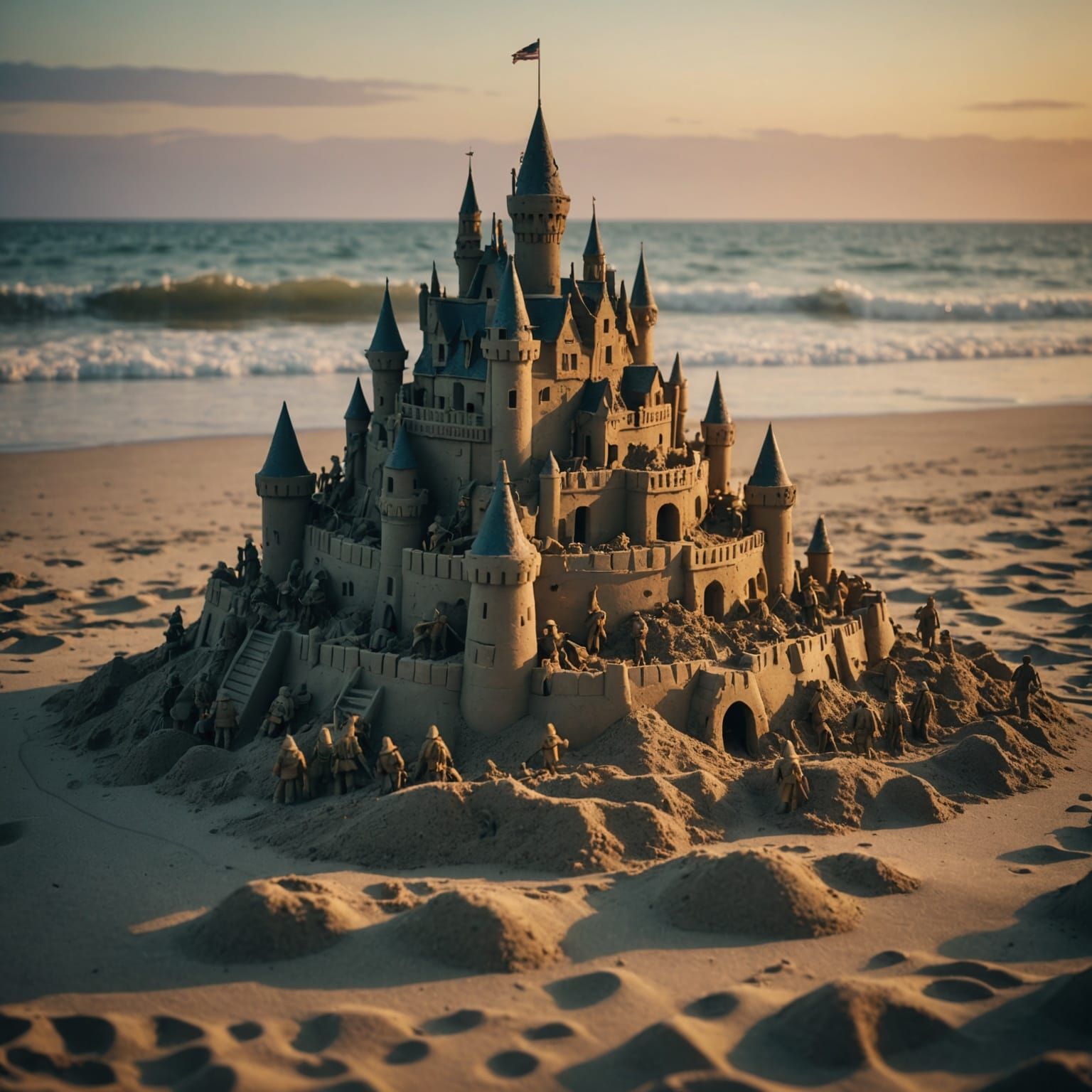 Detailed Sandcastle at Twilight with Toy Soldiers