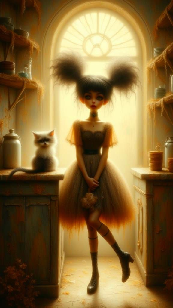 Whimsical Child and Kitten in a Sunlit Kitchen