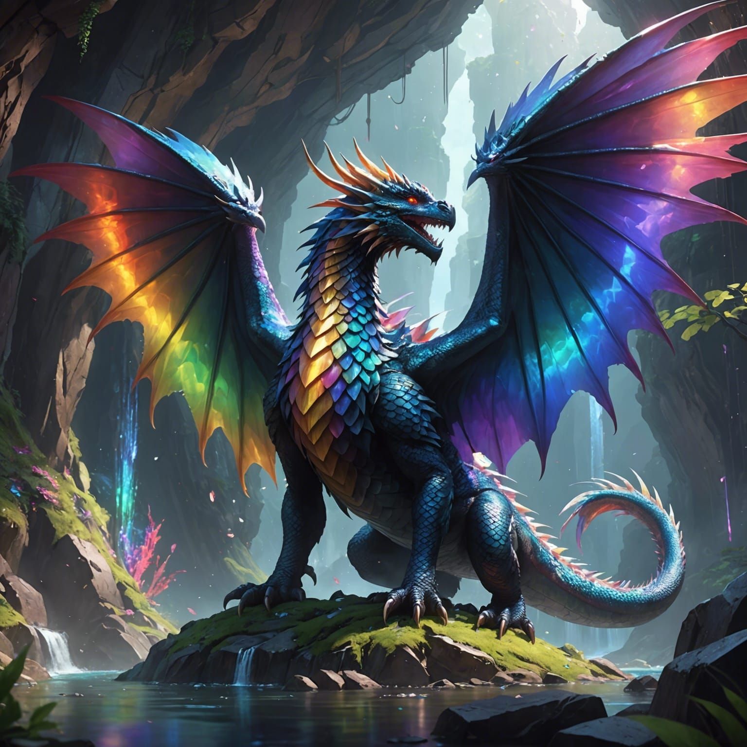 Rainbow Dragon Guardian in Crystal Cave: Anime Art