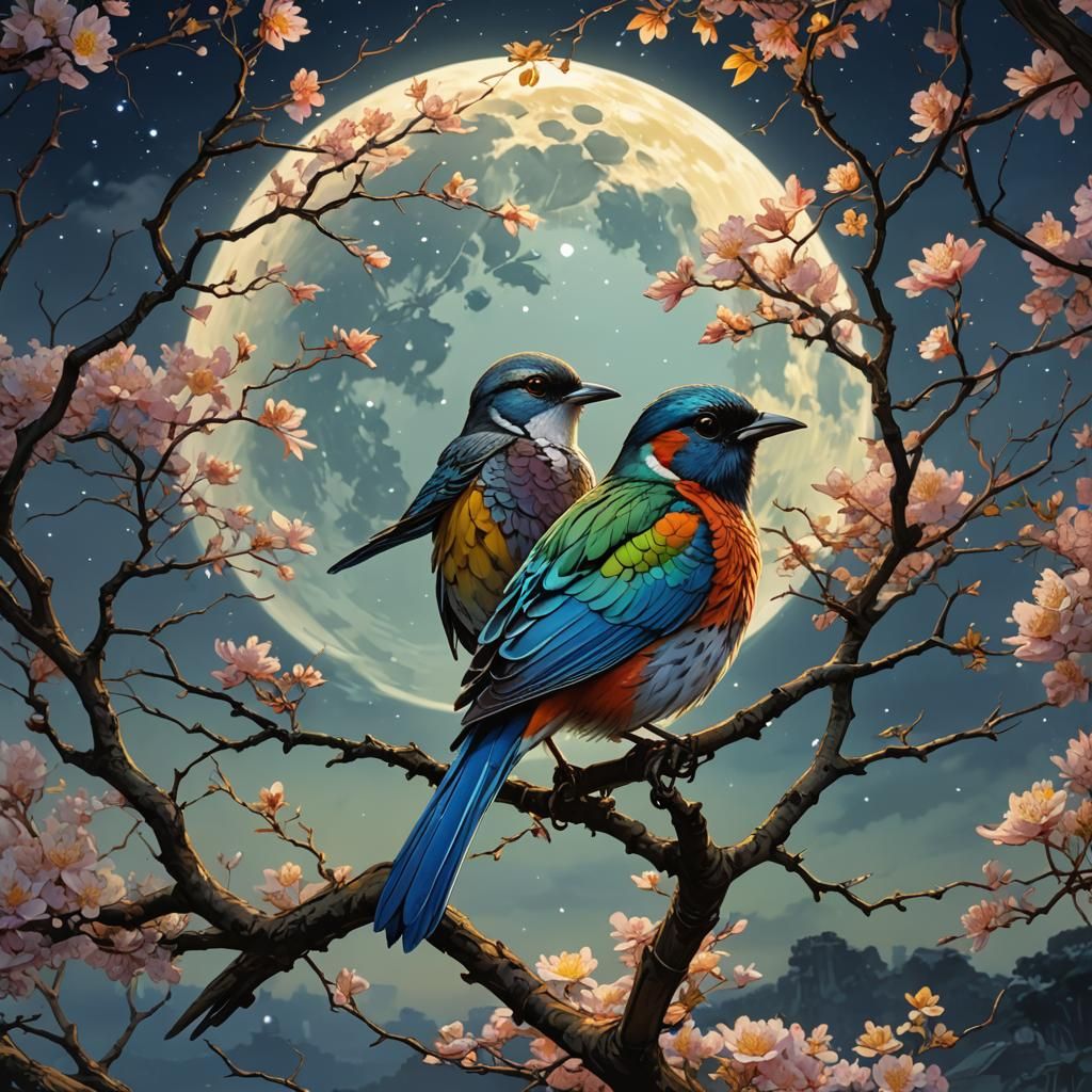 Colorful Bird Under Moonlit Sky, Watercolor Art