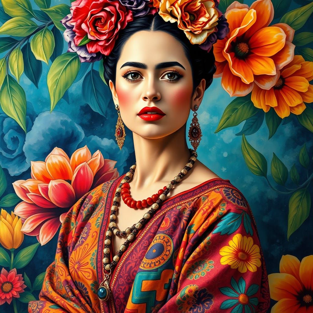 Impressive Young Woman in Frida Kahlo-Inspired Attire, Set A...