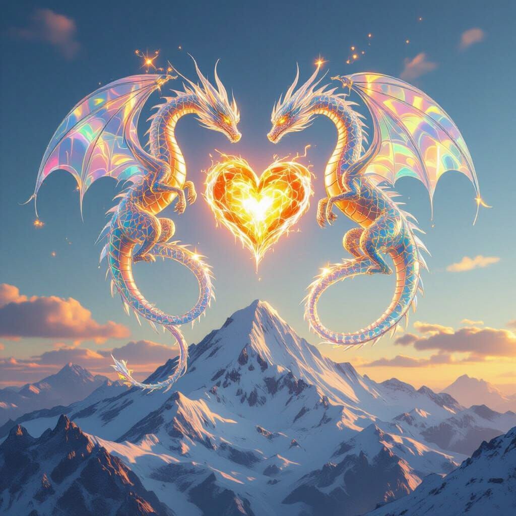 Glass Dragons Form Heart Shape in Radiant Sky