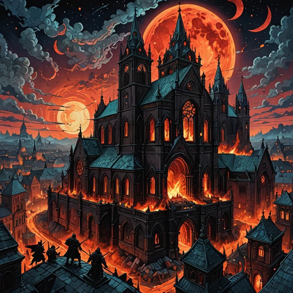 Burning Church Under Red Moon in Dark Fantasy Style