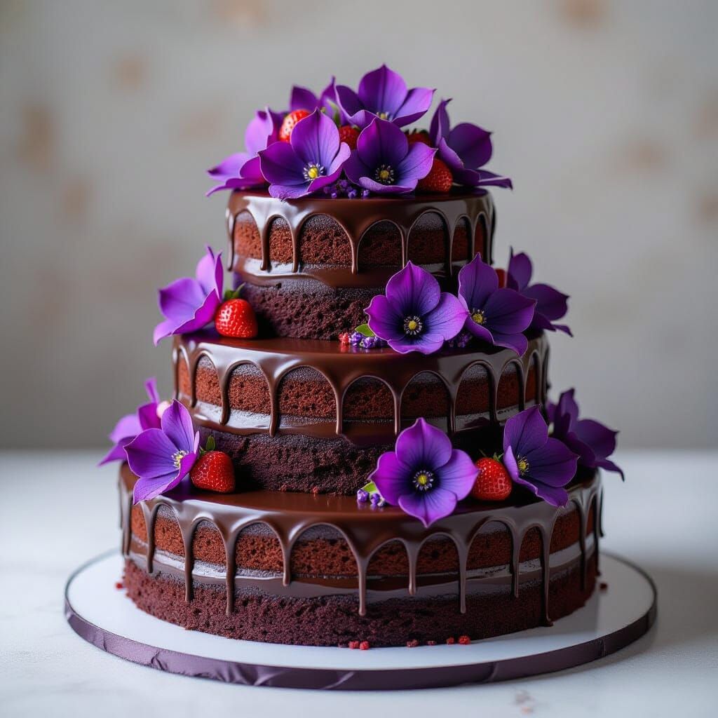 Floating Chocolate Cake with Strawberry Glaze and Flowers