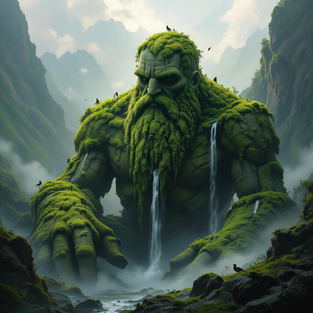 Moss Golem Slumbers in Misty Valley: Dark Fantasy Art