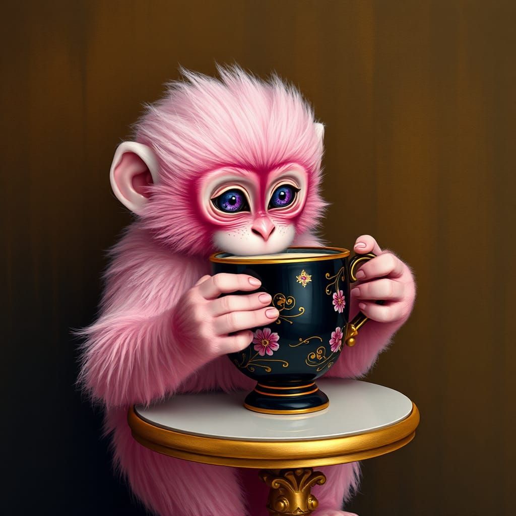 Pink Monkey Sipping Coco, Degas-Inspired Painting