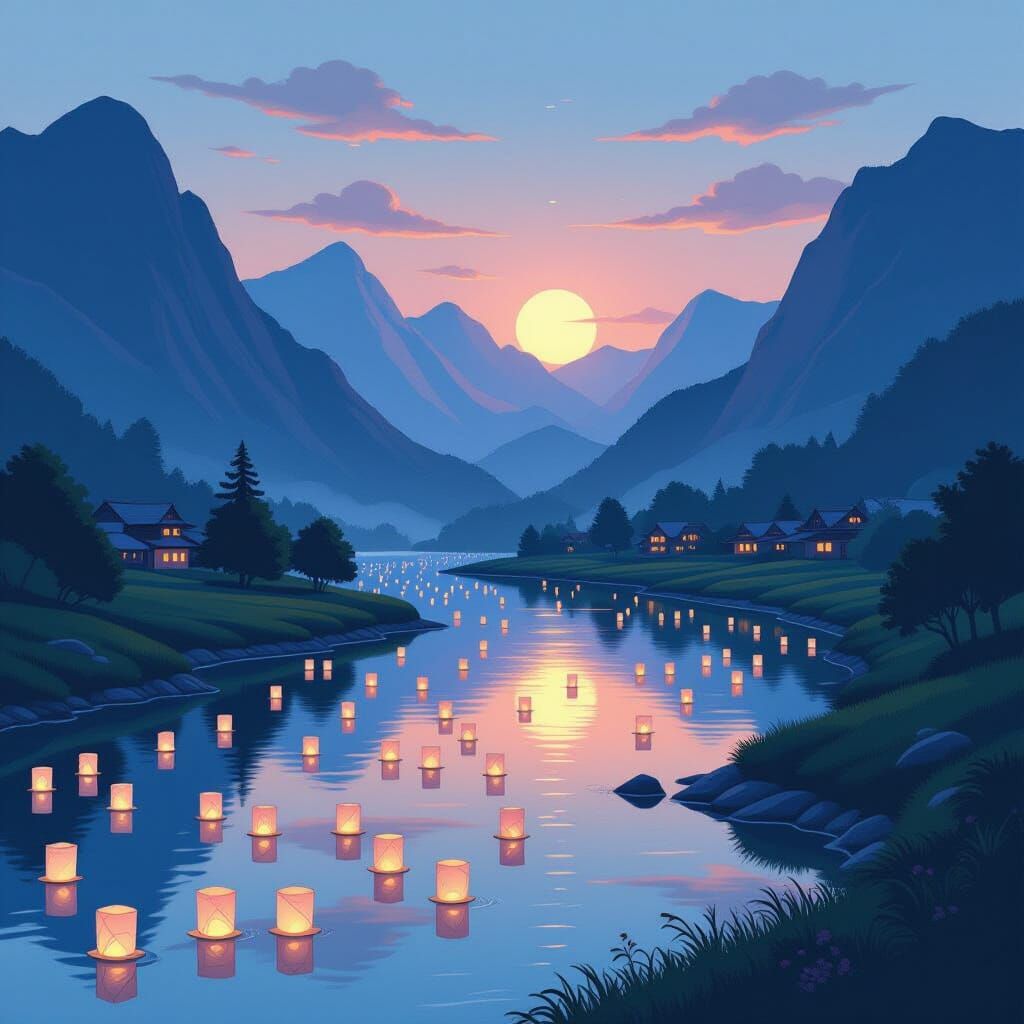 Mystical Valley River Aglow with Paper Lanterns