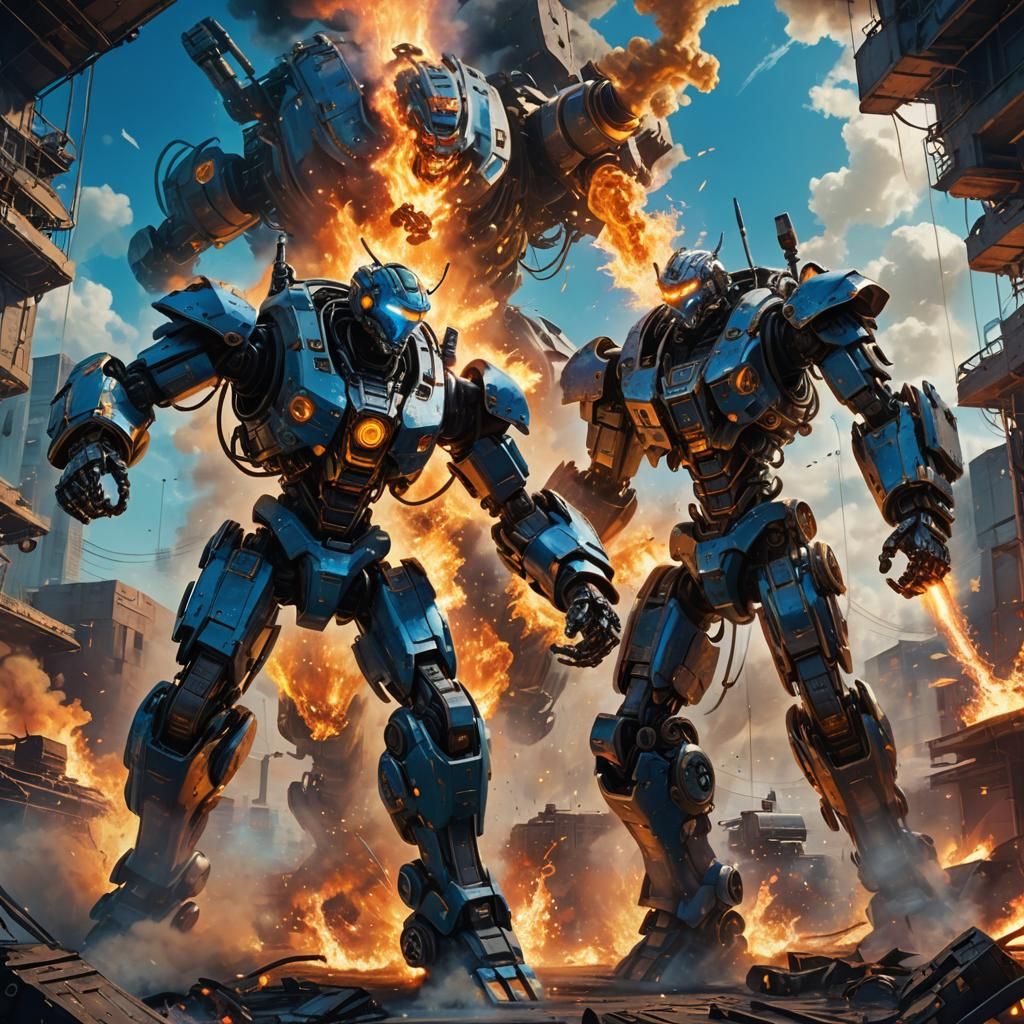 Cyberpunk Robots Clash in Fiery Sky Battle