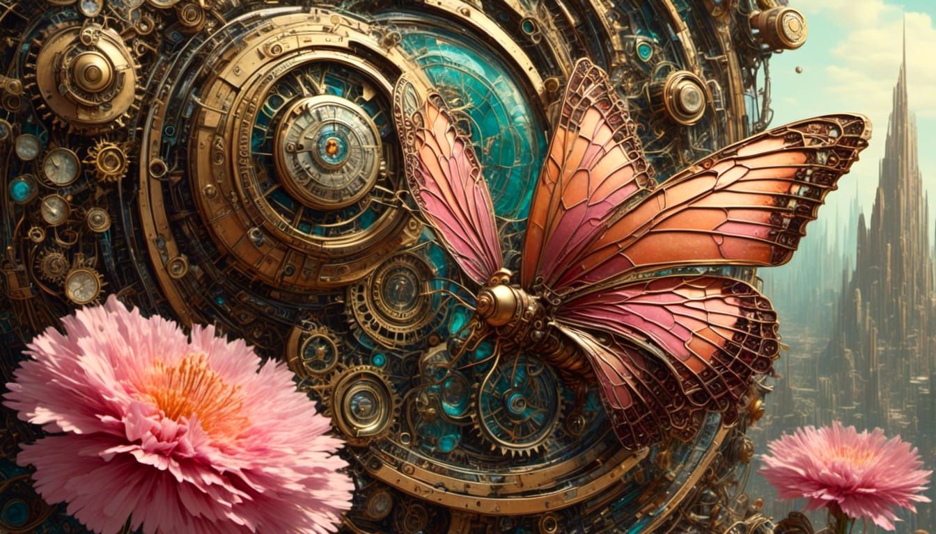 Steampunk Butterfly on Dianthus Flower in Macro