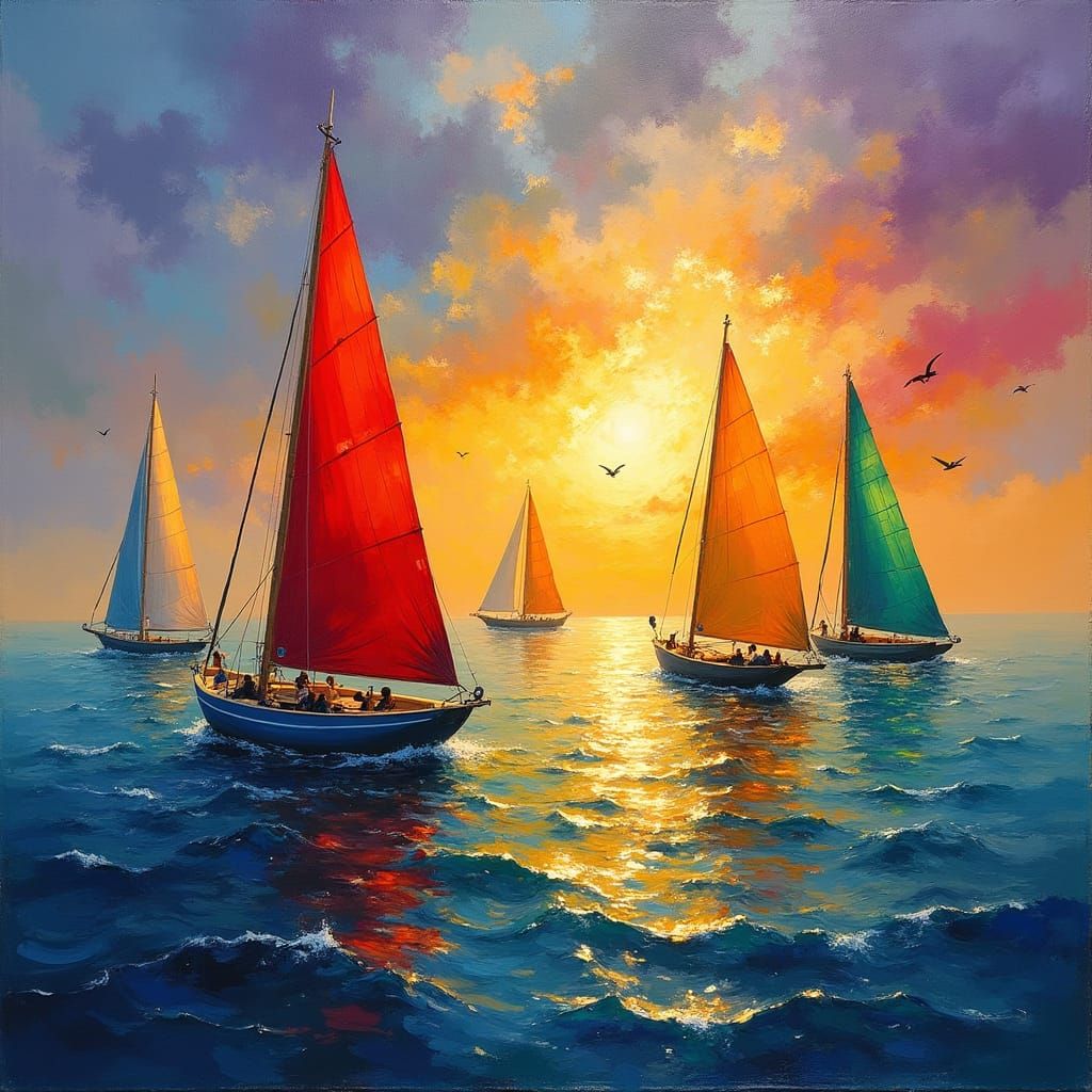Sailboats at Sunset: Impressionist Seascape