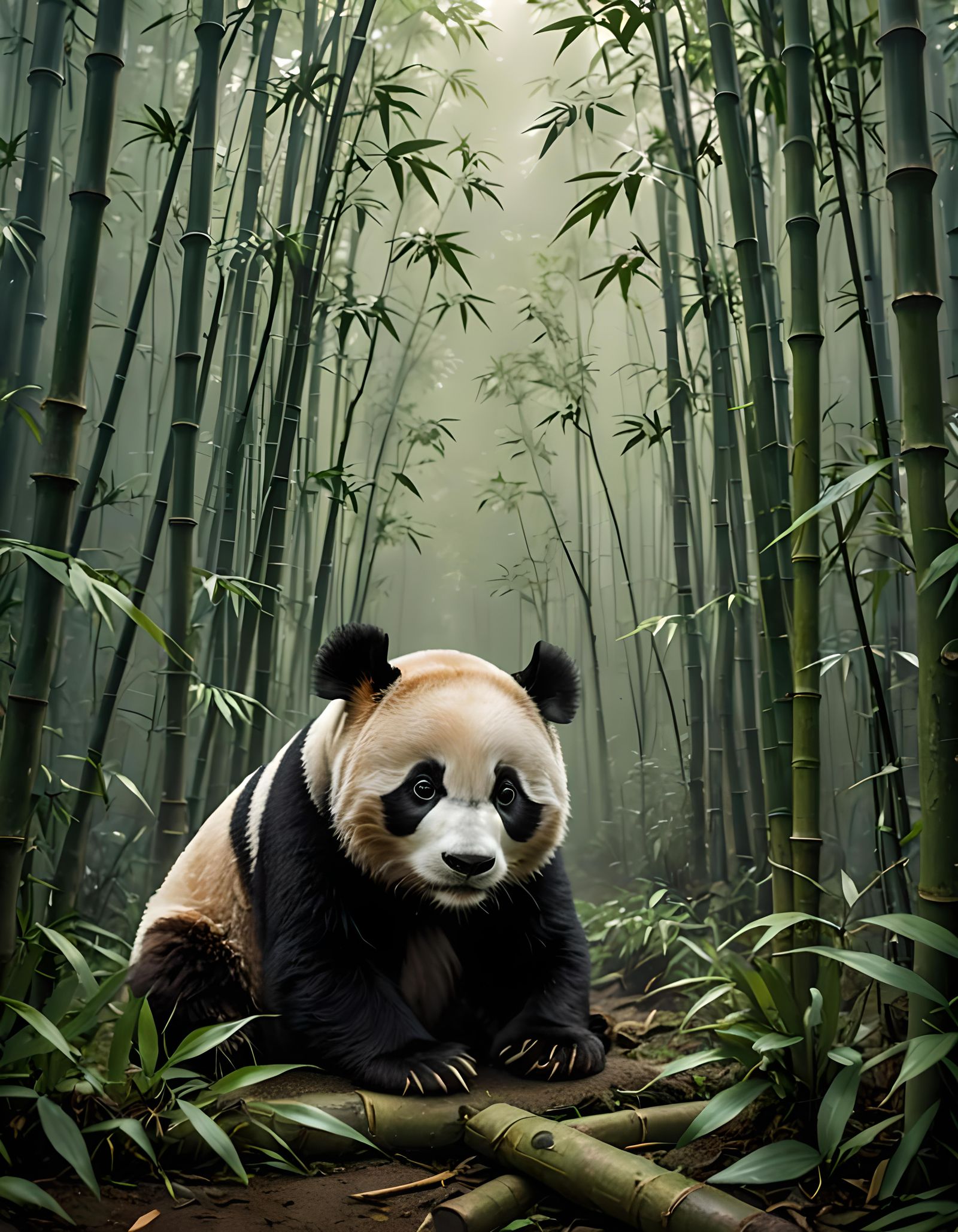 Panda in Misty Bamboo Forest, Japanese Style