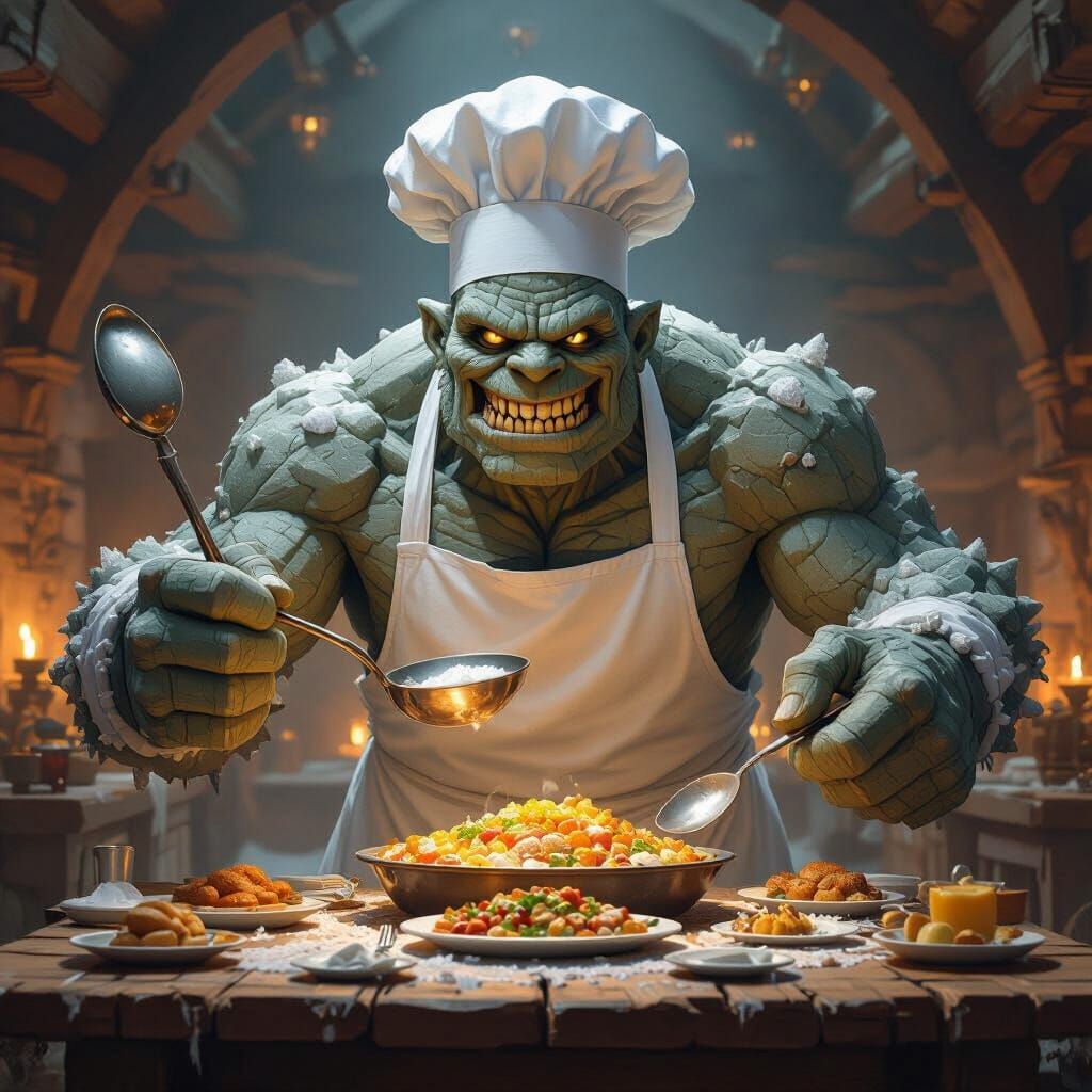 Giant Crystal Salt Chef Golem Serves Epic Feast