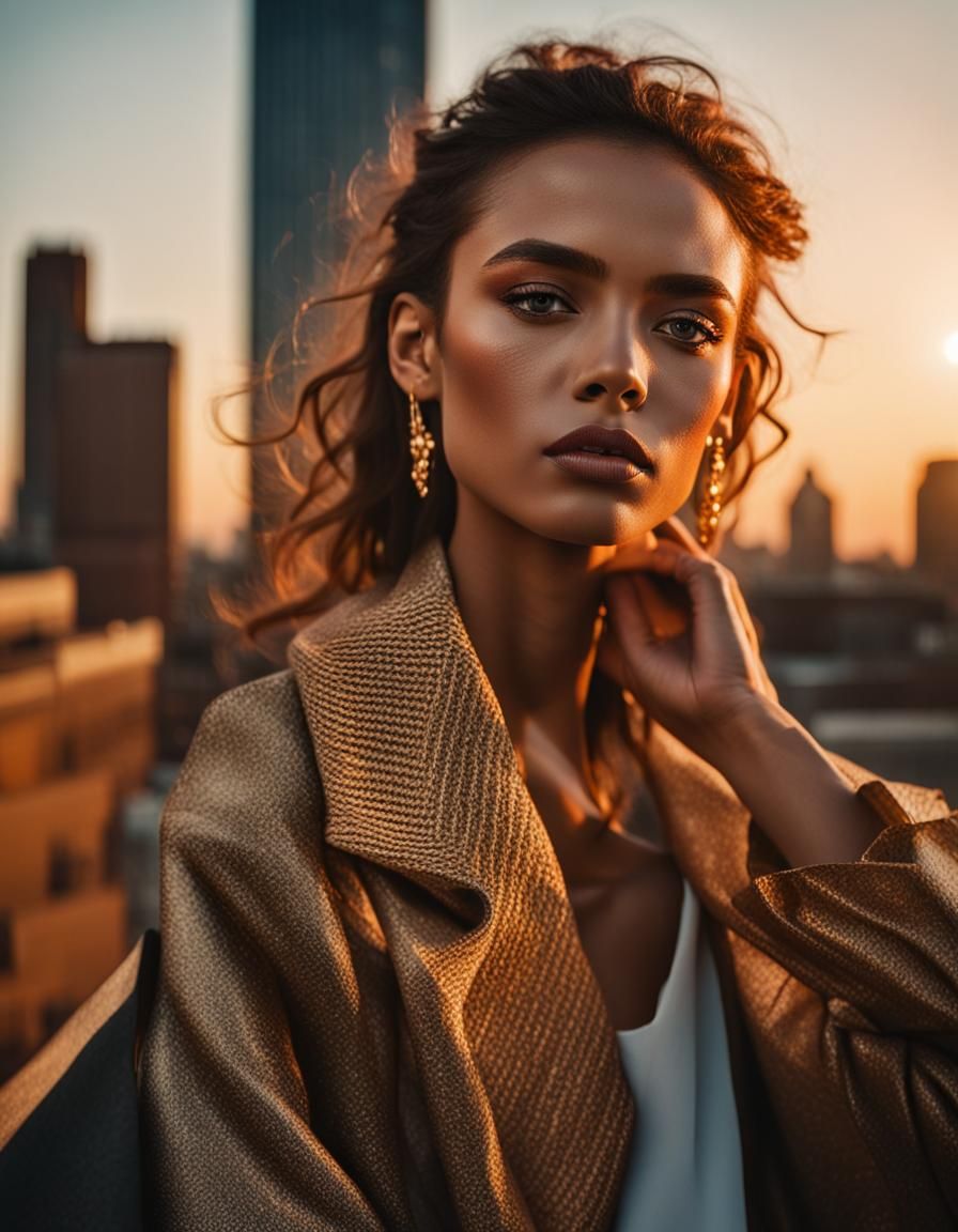High-Fashion Model at Sunrise: Editorial Portrait