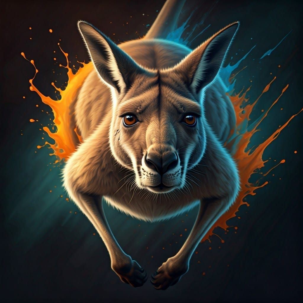 A kangaroo leaping head on towards the viewer