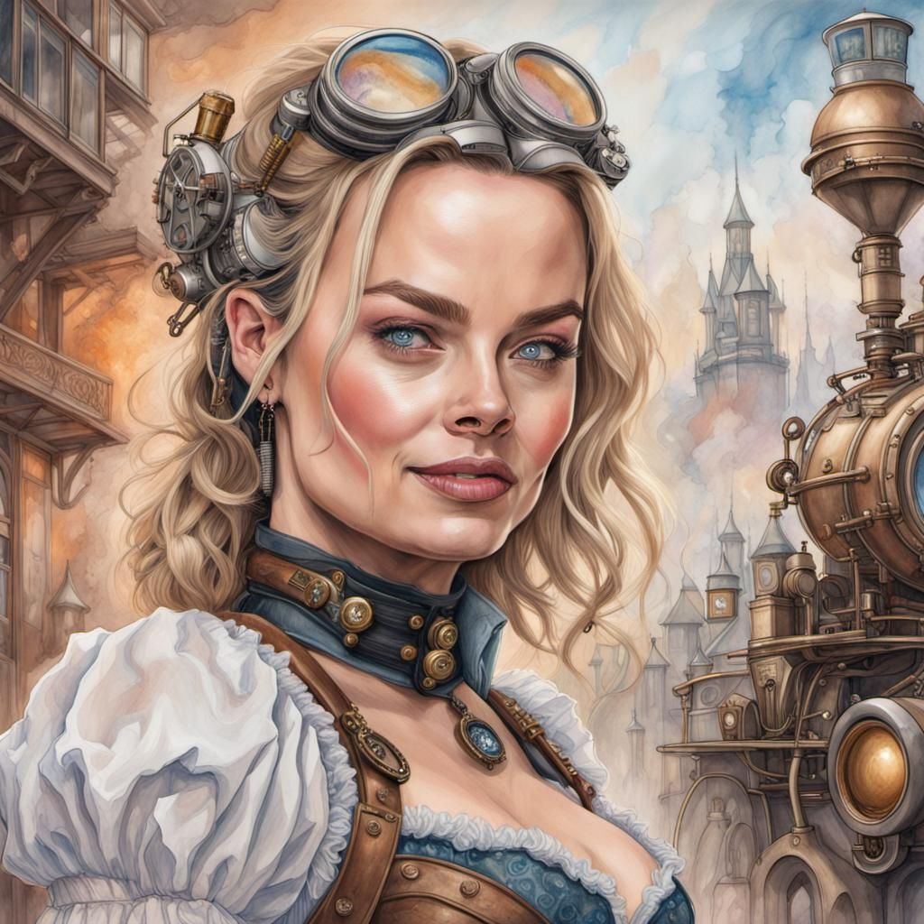 steampunk Margot Robbie in a steampunk world