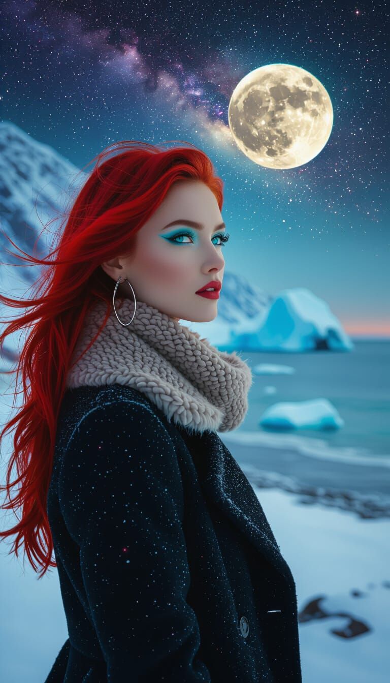 Winter Woman on Norway Coast in Magical Realism