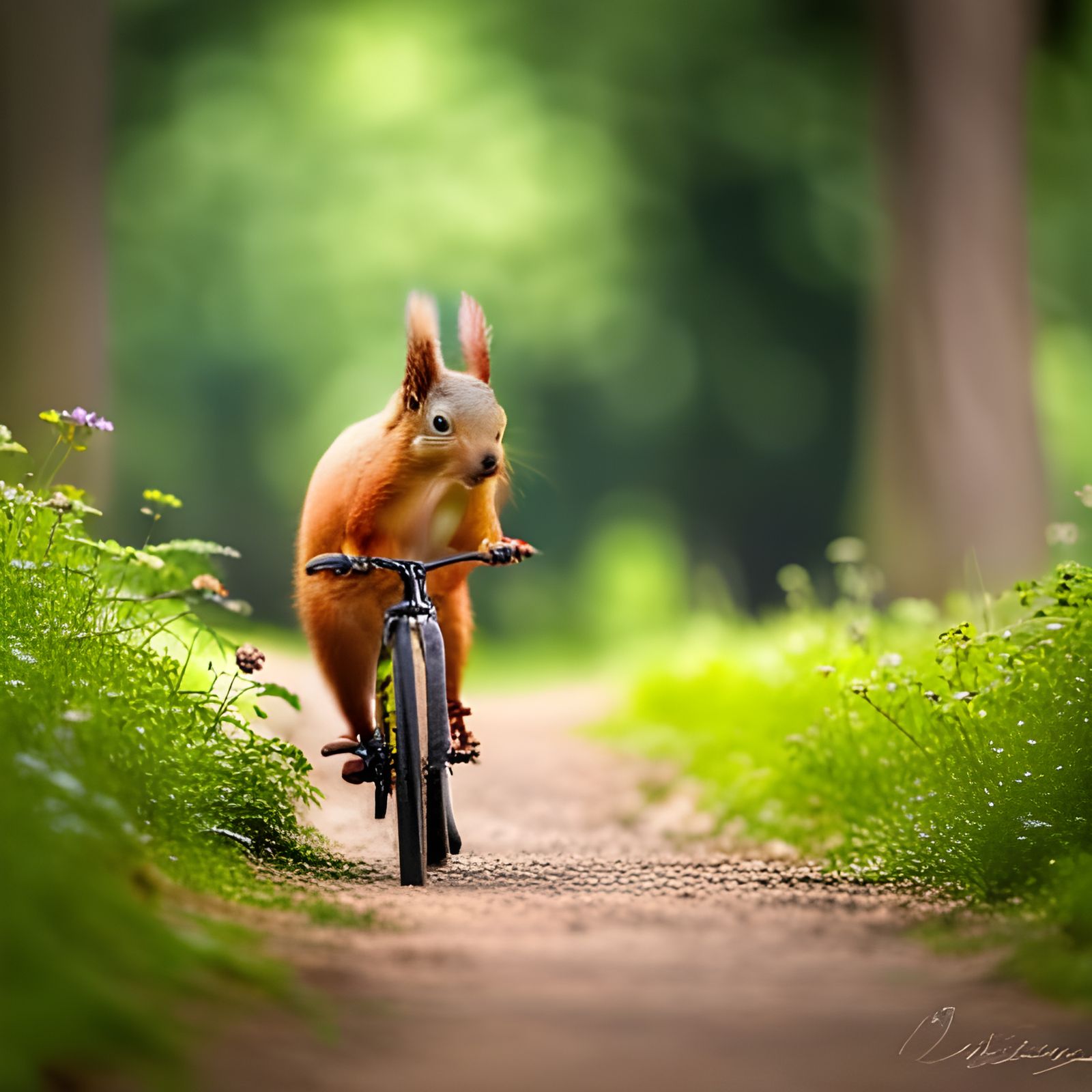 Red Squirrel Rides Bicycle on Country Path