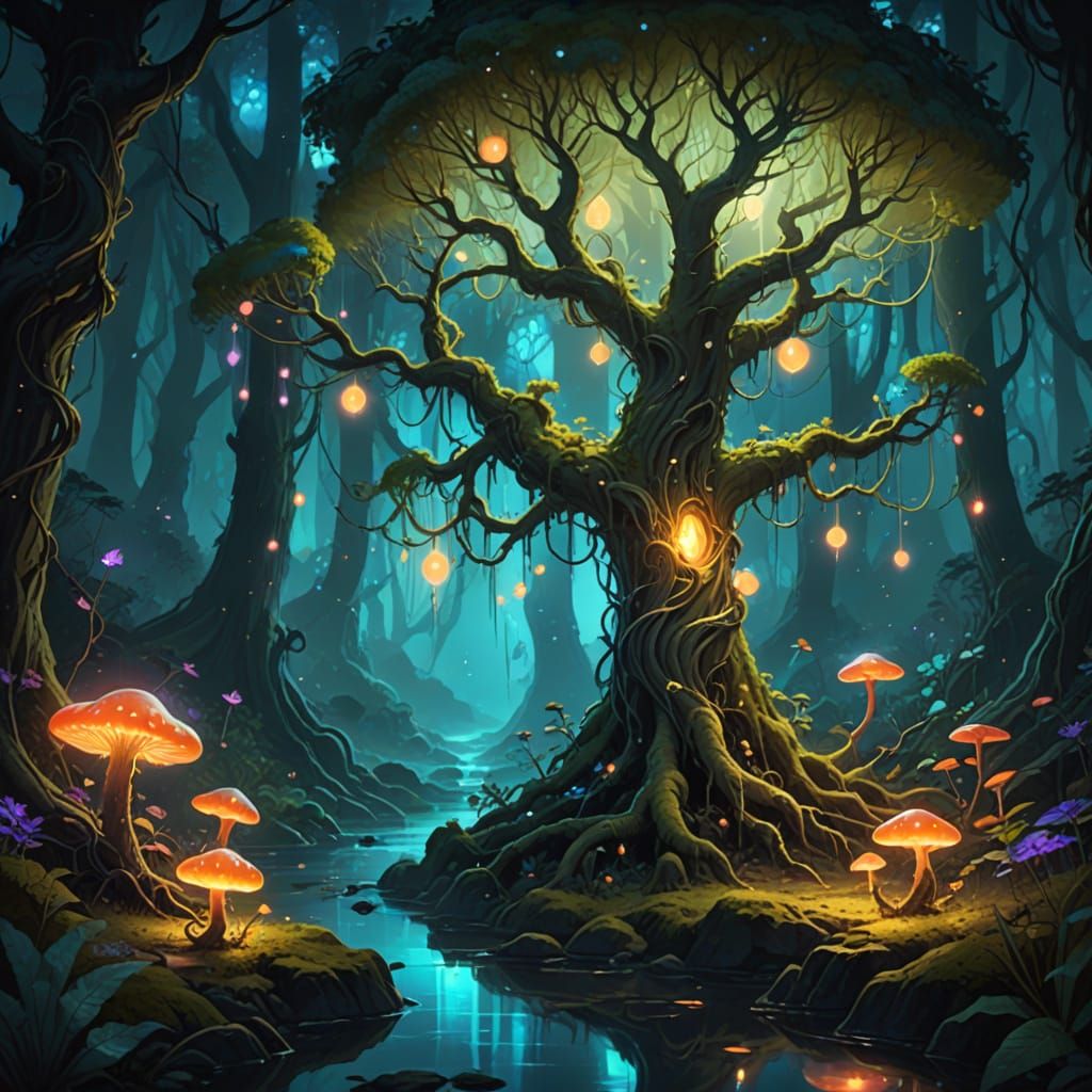 Enchanted Starlight Tree in Mystical Forest