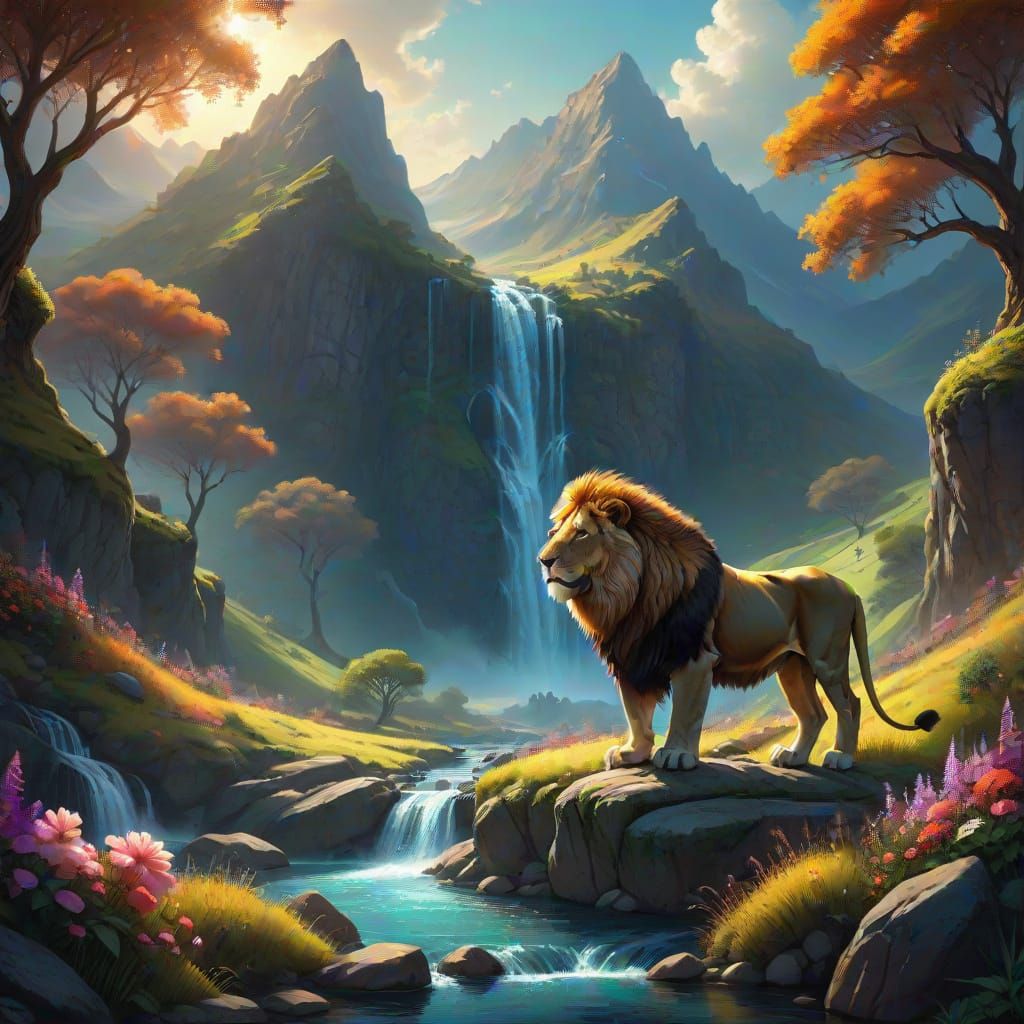 Majestic Lion Draped in Flowers on Mountain Overlooking Vall...