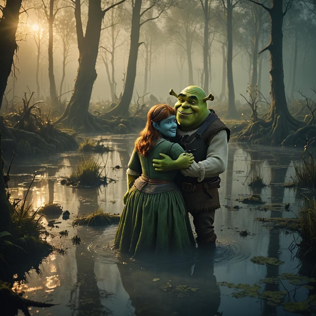 Shrek and Fiona Embrace in Misty Swamp at Sunset