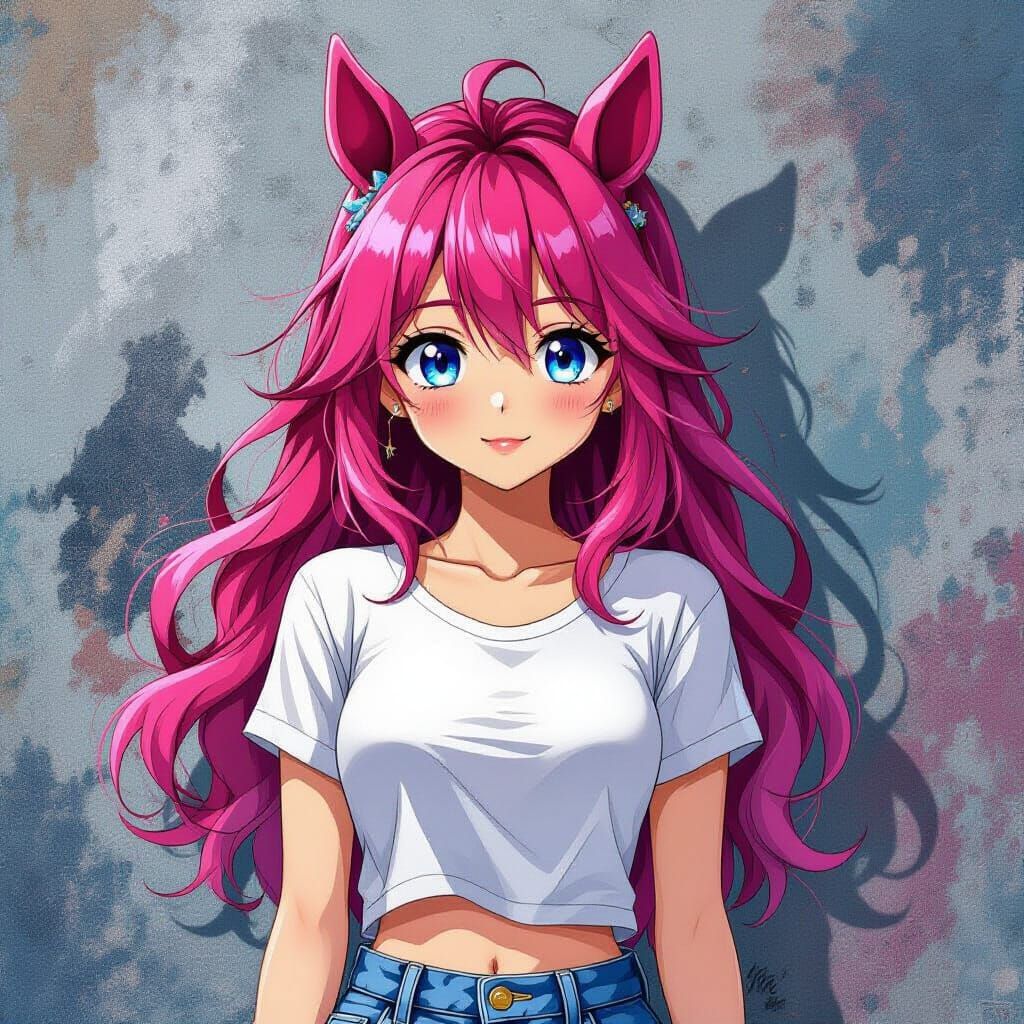 Anime Girl with Pink Hair and Horse Ears in Street Art Style
