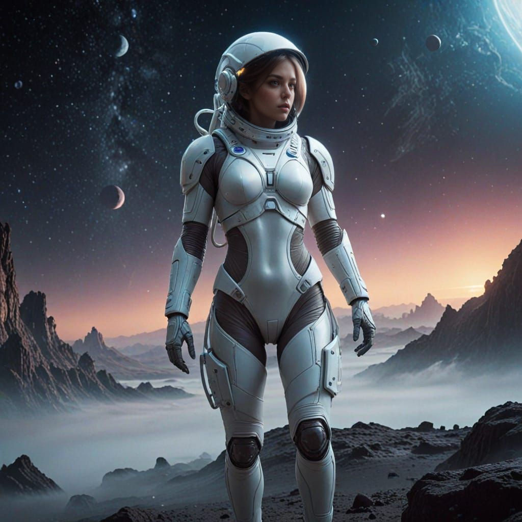 Serene Astronaut Woman Explores Alien Landscape