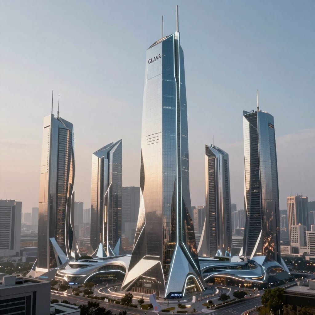 Futuristic GLAVA Cityscape with Neon Accents