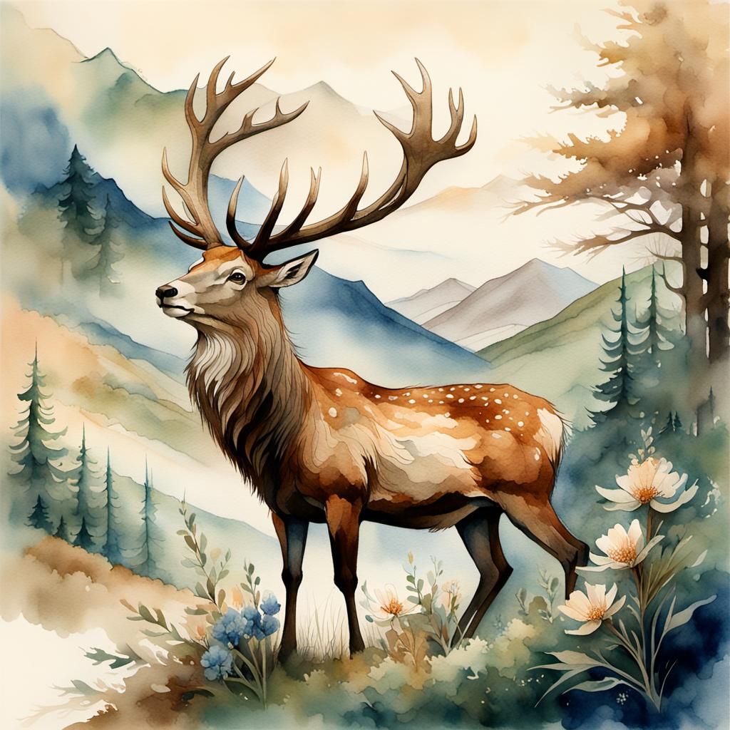 Watercolor Stag in Mountain Landscape Illustration