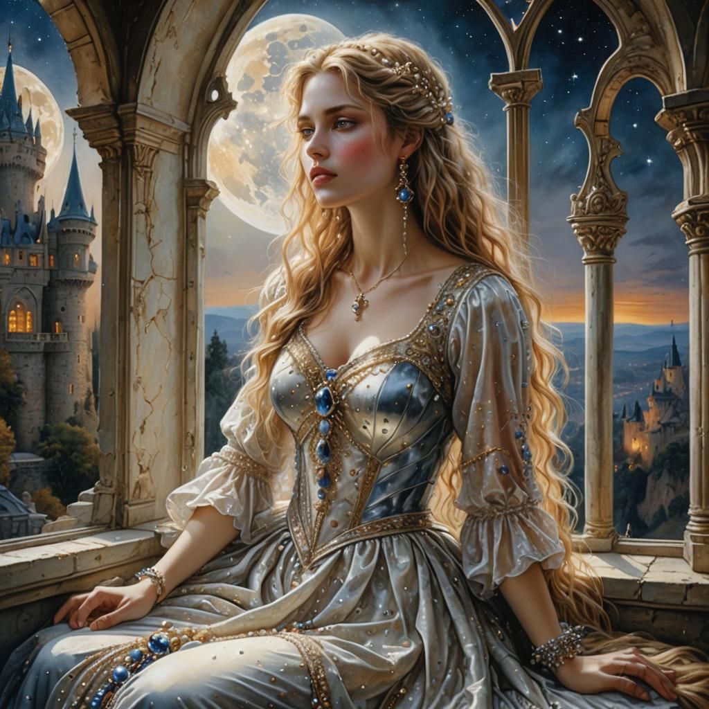 Woman in Pearl Dress Gazing at Moon