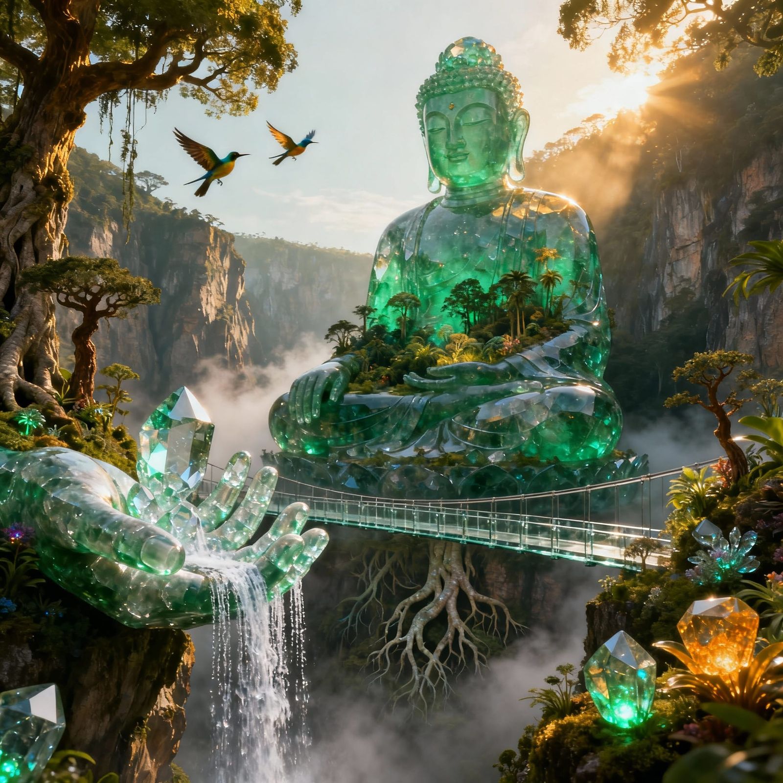 Emerald Buddha With Jungle Ecosystem & Crystal Waterfalls