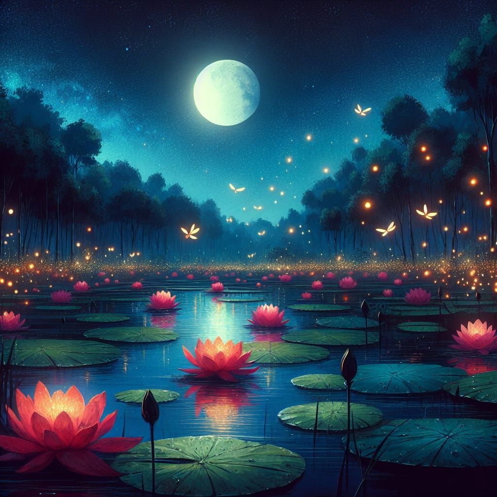 Magical Night Pond in Watercolor Style