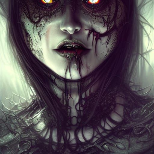 A Detailed, hyper-realistic, Sinister, and dark colored portrait, beautiful fantasy nightmare, intricate armor, creepy, ...