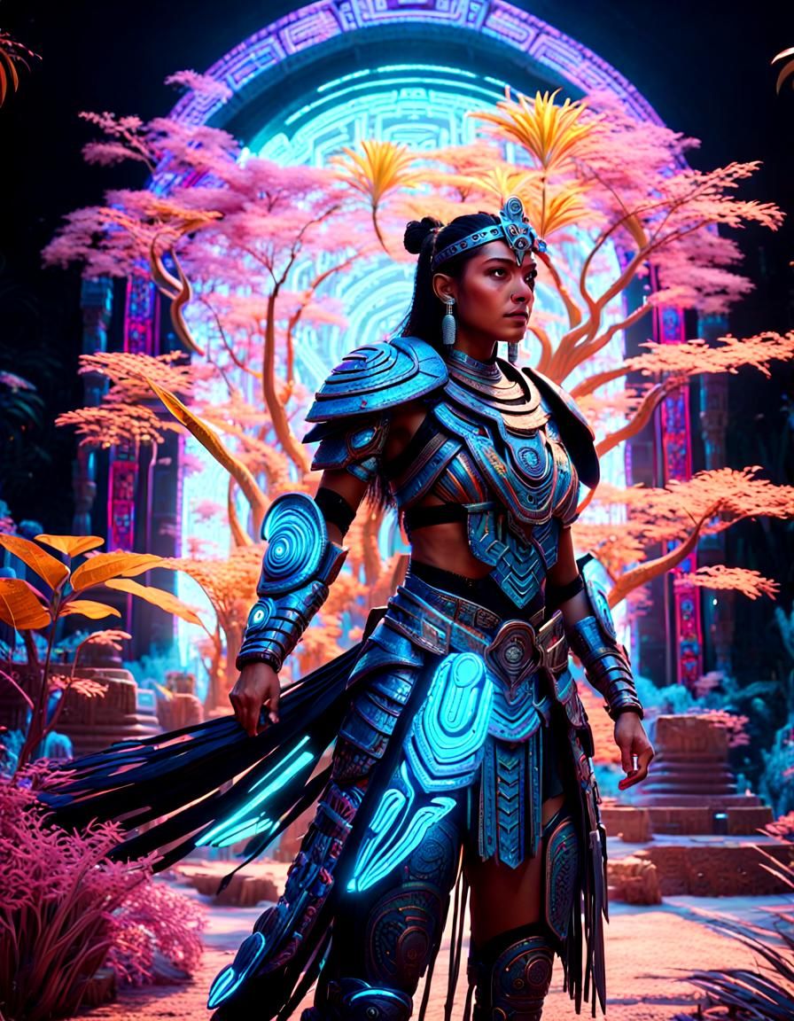 Futuristic Aztec Warrior in Bioluminescent Temple