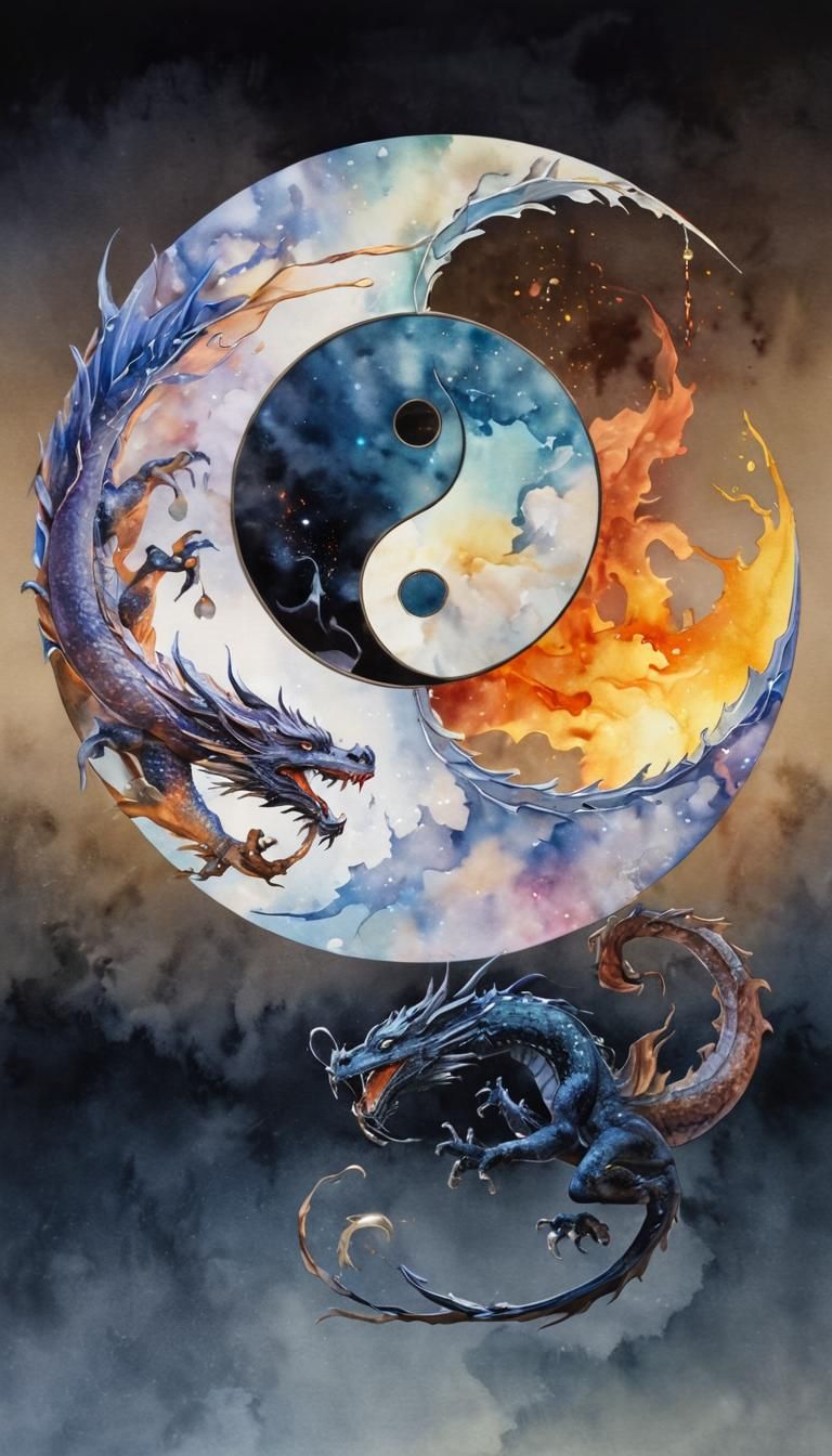 Dragon Yin Yang Watercolor with Luminous Inks