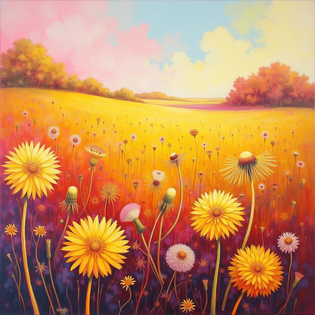 Vibrant Dandelions in Dreamy Landscape, Gouache Style