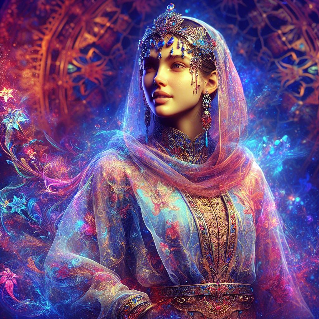 Sultry Arabian Fantasy Goddess in Luminous Genie Attire