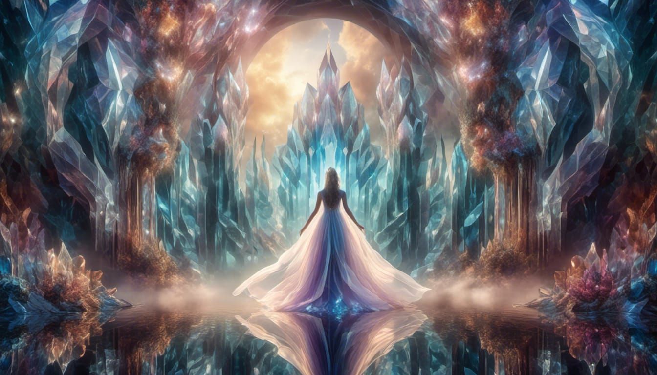 Crystalline Princess Enters Portal: Cubist Cell-Shaded Art