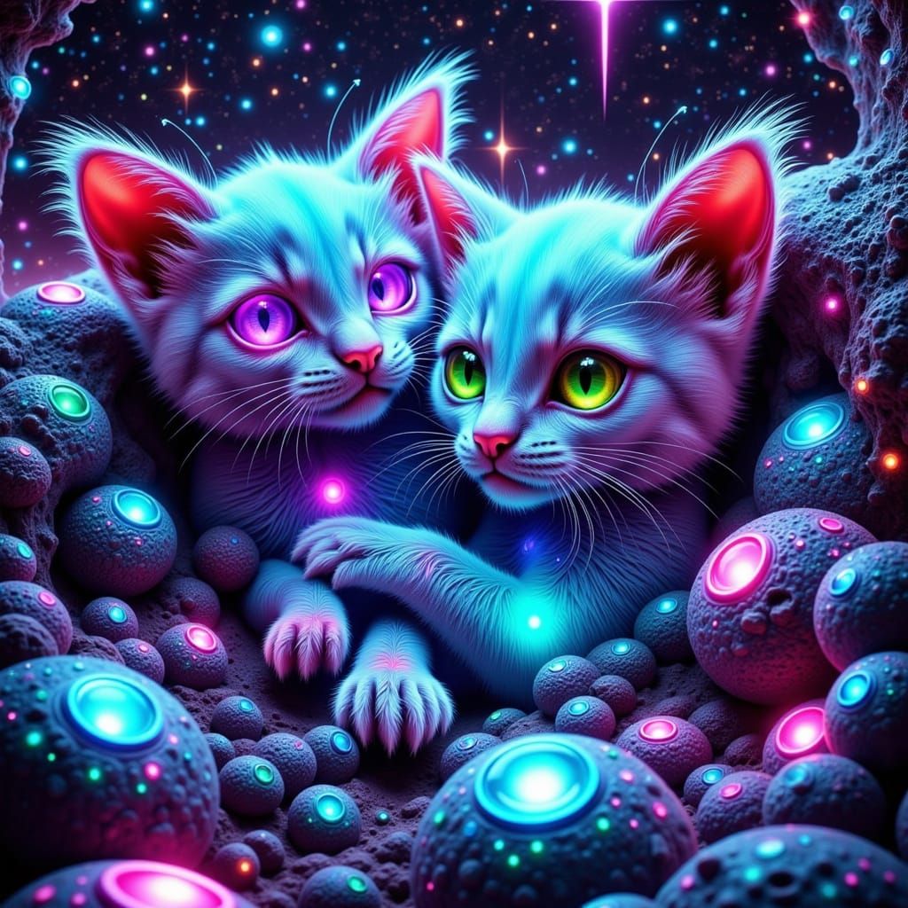 Cosmic Cats in Neon Nebulae Digital Matte Painting